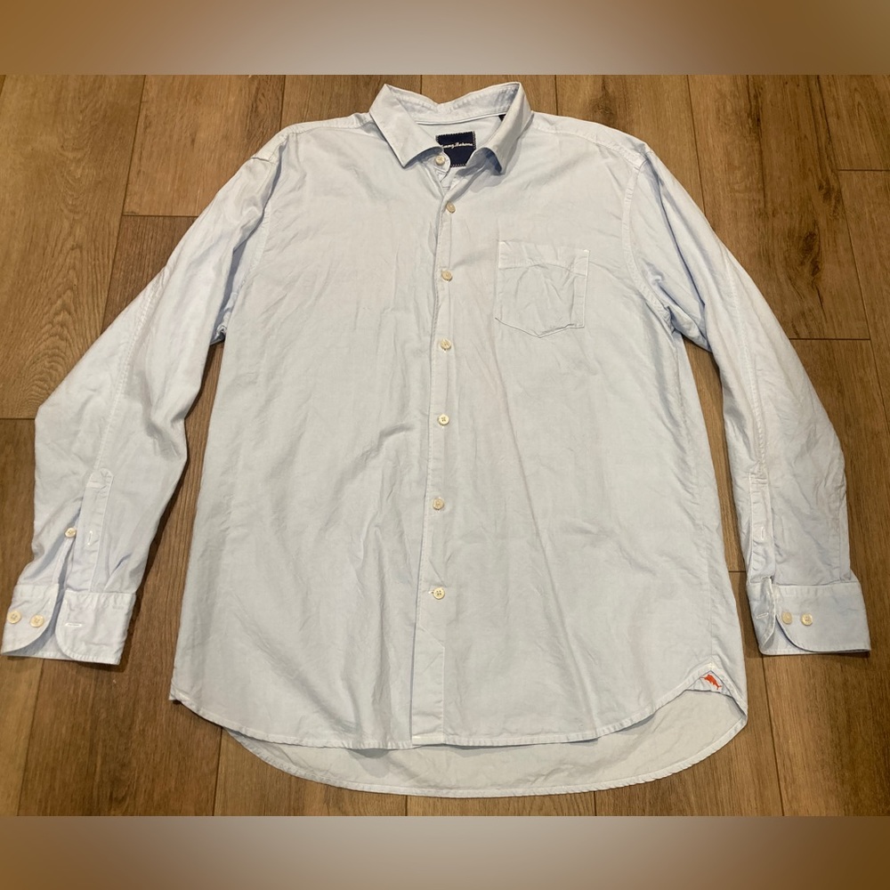 Tommy Bahama Mens XL Button Down Shirt Long Sleeves Silk Cotton Blend Light Blue